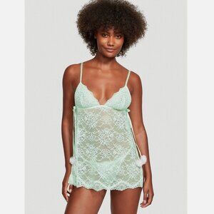 NWT Victoria's Secret Very Sexy Flyaway Lace Babydoll Set Misty Jade size Large